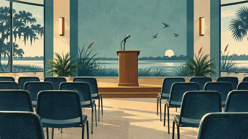 Editorial illustration of an empty community meeting room and microphone.