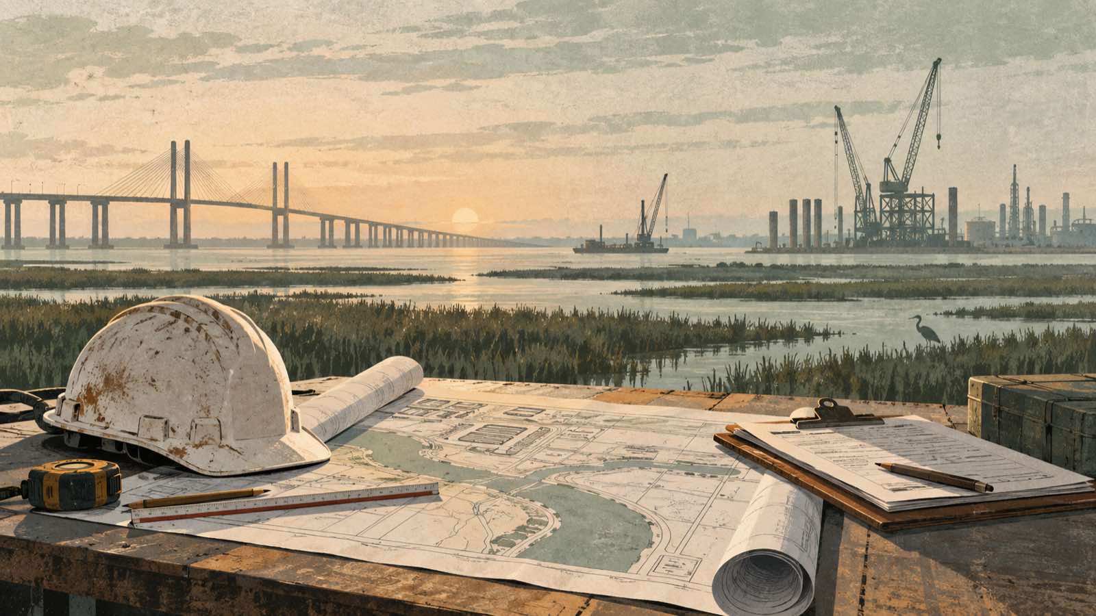 Conceptual editorial illustration by Vermilion Boom; not a photograph of SpaceX, a worksite or a participating business. Conceptual editorial illustration of construction planning materials.