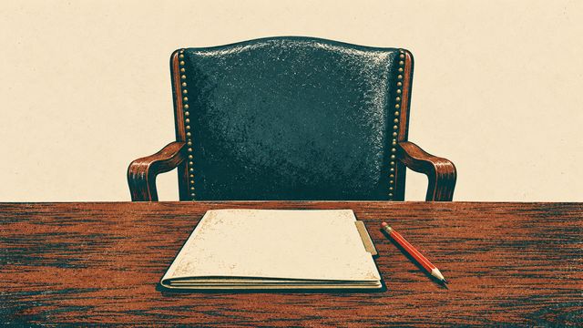 Symbolic paper-textured illustration of an empty chair and a folder at a hearing table