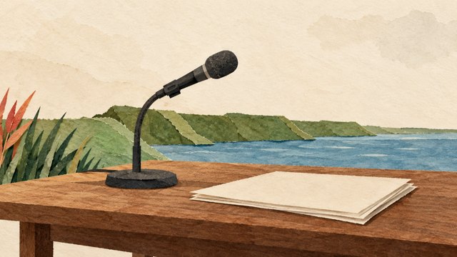 Vermilion Boom symbolic illustration generated with OpenAI image tools; reused for related Police Jury coverage, not a documentary image Symbolic illustration of a public-comment microphone, blank papers and water; no actual meeting or project is depicted